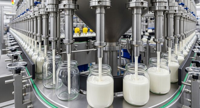 Automated production line filling glass jars with creamy liquid conveyor belt technology