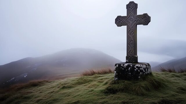 An ancient cross is positioned on a hill while fog envelops the surroundings in a quiet and mysterious setting