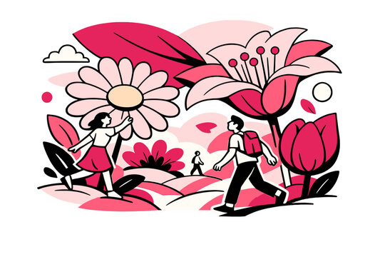 Surreal giant bloom garden. Human figures walking among massive blossoms, petals overlapping the sky. Sense of