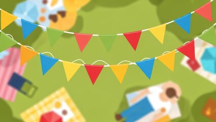 Aerial view of park scene with flags, people, and picnic blankets in soft focus