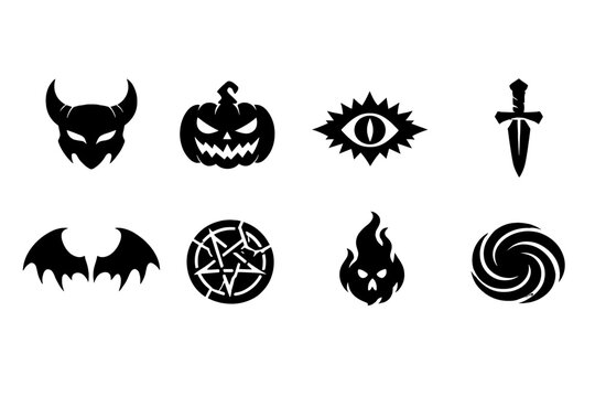 Sinister fantasy Halloween. Filled icon set of Sinister fantasy Halloween: horned mask, cursed pumpkin, abyss