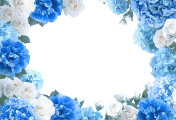 Floral frame with light blue hydrangeas, carnations and white roses. Decorative backdrop