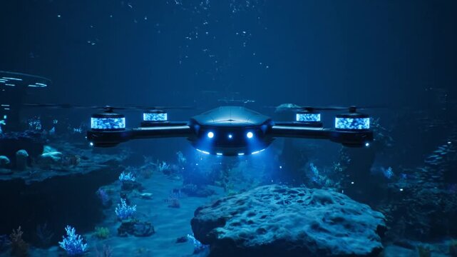 Underwater drone explores ocean floor with coral reef ecosystem and marine life.