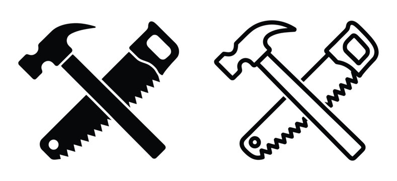 Hand saw and hammer icon set in black and colored version. Hand saw and hammer icon vector for web and mobile app. Symbol isolated.
