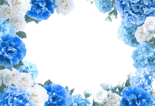 Floral frame with light blue hydrangeas, carnations and white roses. Decorative backdrop