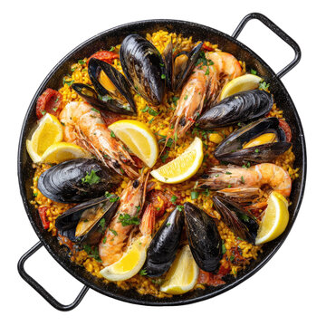 A vibrant seafood paella in a black pan, garnished with lemon slices and parsley