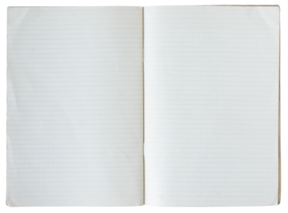 Open vintage school handwriting notebook with lined pages isolated on white