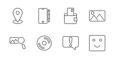 Digital tool and content set icon. Pin on base, phone with pen, wallet with card, landscape, image search, disc, alert bubble, emoji face drawn in outline for app, photo, and UI themes.
