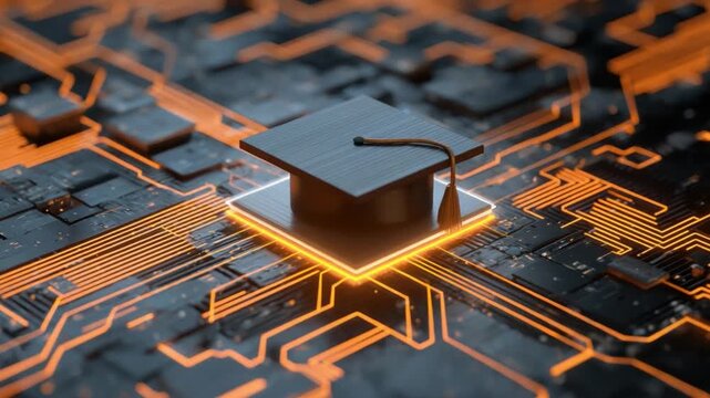 Digital Education Convergence: The image showcases a digital rendering of a graduation cap sitting atop a computer chip, symbolizing the evolution of education and technology.