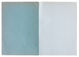 Open vintage math school notebook with blue paper cover and blank graph paper pages isolated on white background