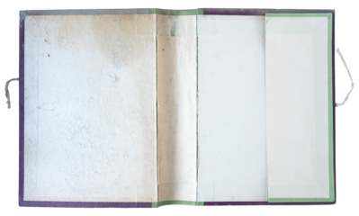 damaged purple open file folder with thread rope and green cloth binding