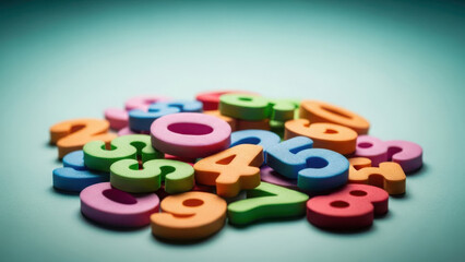 Colorful Wooden Numbers Scattered on Teal Background, Education Concept