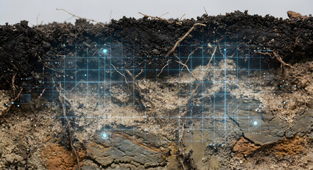 Digital analysis of soil layers and roots for smart farming and environmental monitoring, featuring a futuristic data interface and sensor network grid.