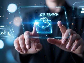 Person searching for a job on a futuristic digital interface with a briefcase icon