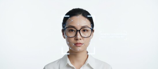 Woman's face appearing with a digital overlay of a biometric facial recognition scan, emphasizing secure identification and artificial intelligence verification technology