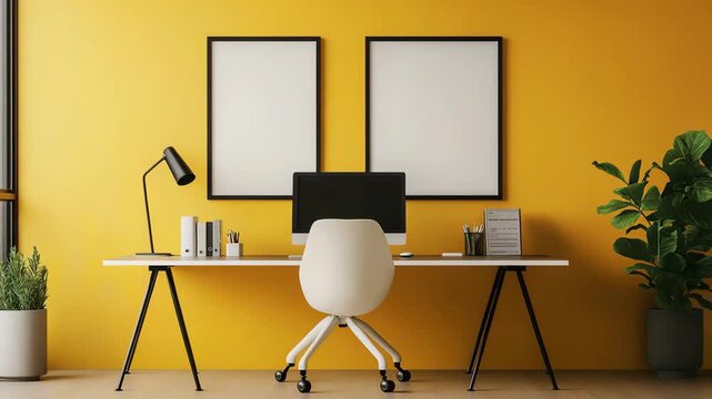 A home office features a white desk, a chair, a computer, and decorative items against a bright yellow wall