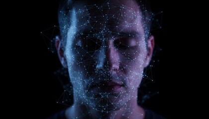 Male human head displaying a digital network overlay, illustrating concepts of facial recognition, biometric security, and artificial intelligence identification technology in a modern world