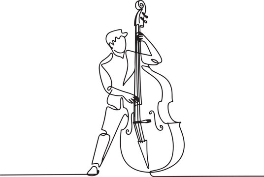 Single one line drawing young male performer playing on contrabass.one line vector illustration with out background