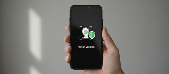 Hand holding a modern smartphone displaying a face id verified message with a face icon and security shield, symbolizing biometric identification and secure access