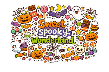 Sweet spooky wonderland. Hand-drawn doodle illustration of Sweet spooky wonderland. candies, pumpkins, ghosts,