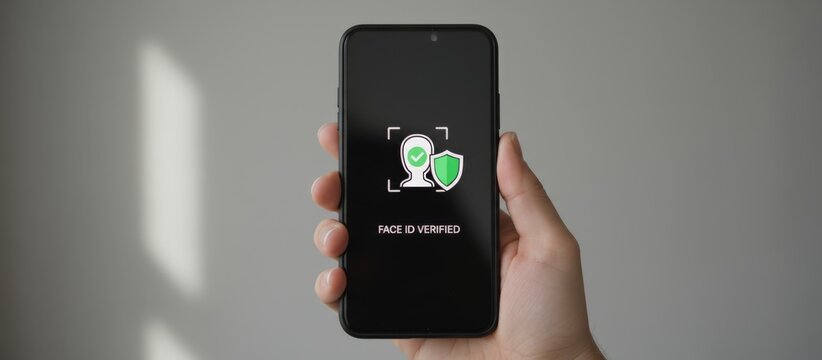 Hand holding a modern smartphone displaying a face id verified message with a face icon and security shield, symbolizing biometric identification and secure access - Powered by Adobe