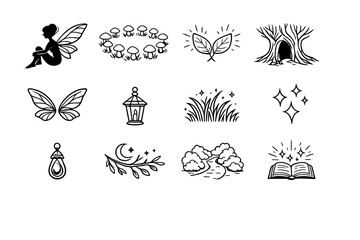 Irish fairy forest. Line outline icon set of Irish fairy forest: fairy silhouette, mushroom