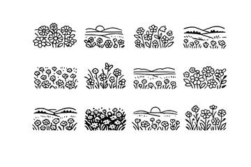 Floral Meadow Icons. Floral meadow landscape. Line outline icon set of Floral meadow landscape: layered