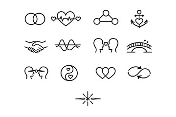 Emotional connection. Line outline icon set of Emotional connection: linked circles, shared heartbeat,