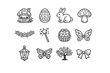 Easter celebration in fairy village. Line outline icon set of Easter celebration in fairy