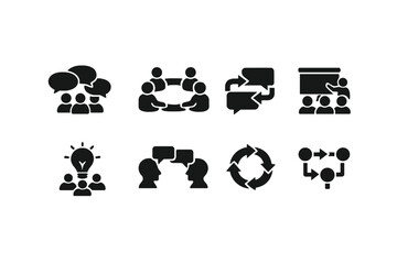 Corporate communication. Filled icon set of Corporate communication: team chat bubbles, discussion circle,