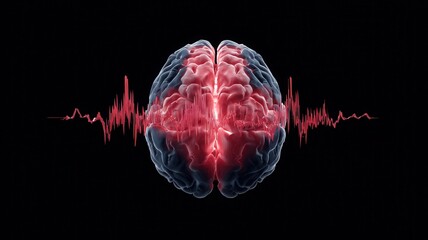 Human brain showing active neural networks and red digital wave signals indicating cognitive function and thought processes