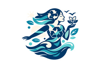 Eco spirit illustration. Stylized woman formed from recycled shapes, leaves, and waves, modern sustainable