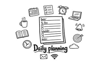 Daily planning. Hand-drawn doodle illustration of Daily planning. In the middle, one slightly larger central