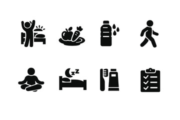 Healthy habits line icons. Filled icon set of Healthy habits line icons: morning stretch,