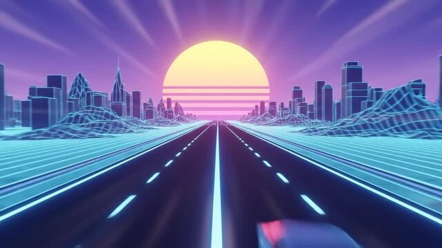 Retro-futuristic cityscape with cars driving on a neon highway at sunset