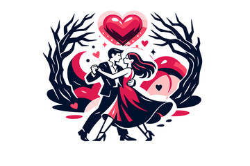 Dark romantic fantasy. A couple dancing under twisted trees, glowing crimson heart hovering