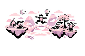 Pastel dream world. Floating islands connected by soft light bridges, rounded mountains