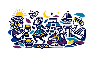 Cultural heritage abstract illustration. Ornamental-inspired geometry simplified into modern shapes, flowing