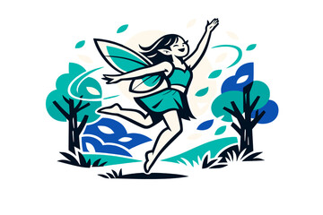 Forest-edge fairy dance. Spring fairy leaping near meadow trees, soft light beams and petals swirling in