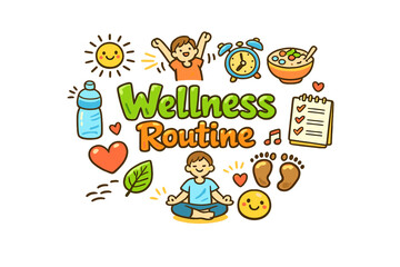 Wellness Routine. Hand-drawn doodle illustration of Wellness Routine. morning sun, alarm clock, stretching