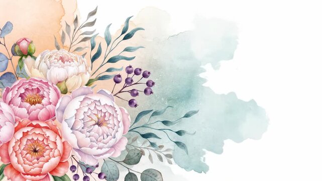 Watercolor background of blush peonies, eucalyptus leaves and berries on soft peach and teal wash, concept for wedding invitations, seasonal greeting cards and botanical artwork