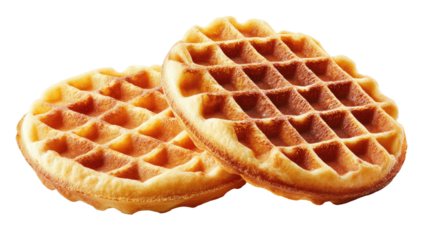 Two golden-brown circular waffles, freshly cooked and with a detailed textured grid pattern