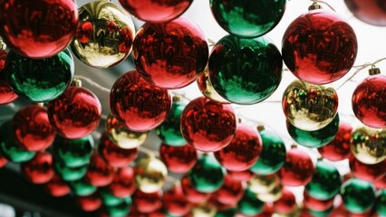 Festive red, green, gold Christmas ornaments hanging, close-up