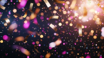 Fototapeta premium Falling golden confetti and vibrant bokeh lights creating a sparkling festive background for party, holiday celebrations event