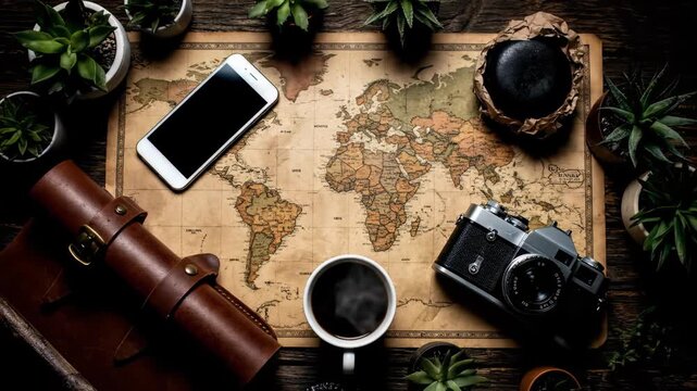 Vintage world map surrounded by coffee mug, smartphone, retro film camera and leather goods on a rustic wooden table, concept for travel blogging, adventure planning and tourism marketing
