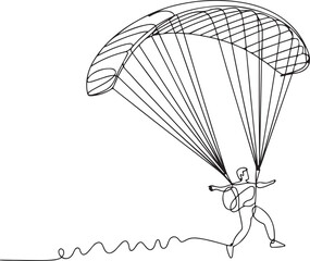 One continuous line drawing of young bravery man flying in the sky using paragliding parachute.one line vector illustration with out background