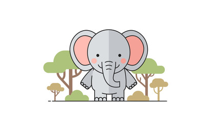 Obraz premium Cute Cartoon Elephant in a Forest Clearing with Trees and Bushes playful
