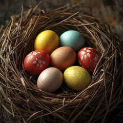 Fototapeta premium Joyful Pastel Easter Egg Nest with Hand-Painted Five-Petal Flowers in a Rustic Twig Basket, Spring Celebration Decor