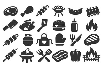 Naklejka premium Bbq icons set: grilling, cooking tools, and food silhouettes.
