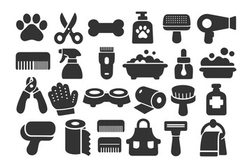 Pet grooming tools collection: brushes, clippers, hairdryer, shampoo, towels, bath.